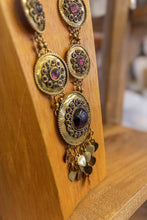 Load image into Gallery viewer, Vintage Solid Brass and Murano Glass Necklace with Earrings (Purple Glass)