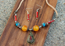Load image into Gallery viewer, Vintage Multicolour Yak Bone & Brass Beaded Necklace & Earrings Set on Leather Rope-Teardrop Pendant