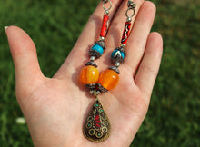 Load image into Gallery viewer, Vintage Multicolour Yak Bone & Brass Beaded Necklace & Earrings Set on Leather Rope-Teardrop Pendant