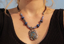 Load image into Gallery viewer, Vintage Blue Yak Bone & Brass Beaded Necklace & Earrings Set on Leather Rope-Oval Pendant