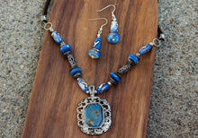 Load image into Gallery viewer, Vintage Blue Yak Bone & Brass Beaded Necklace & Earrings Set on Leather Rope-Oval Pendant