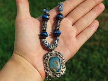 Load image into Gallery viewer, Vintage Blue Yak Bone & Brass Beaded Necklace & Earrings Set on Leather Rope-Oval Pendant