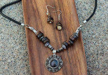 Load image into Gallery viewer, Vintage Dark Yak Bone Necklace & Earrings Set on Leather Rope- Folia Pendant