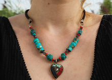 Load image into Gallery viewer, Vintage Tibetan Turquoise Necklace & Earrings Set on Leather Rope-Heart Pendant