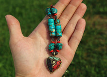 Load image into Gallery viewer, Vintage Tibetan Turquoise Necklace & Earrings Set on Leather Rope-Heart Pendant