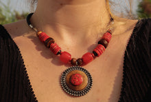 Load image into Gallery viewer, Vintage Red Yak Bone Necklace & Earrings Set on Leather Rope- Circle Pendant