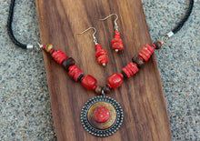 Load image into Gallery viewer, Vintage Red Yak Bone Necklace & Earrings Set on Leather Rope- Circle Pendant