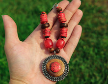 Load image into Gallery viewer, Vintage Red Yak Bone Necklace & Earrings Set on Leather Rope- Circle Pendant