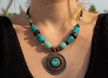 Load image into Gallery viewer, Vintage Tibetan Turquoise Yak Bone Necklace & Earrings Set on Leather Rope- Circle Pendant