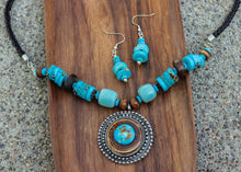 Load image into Gallery viewer, Vintage Tibetan Turquoise Yak Bone Necklace & Earrings Set on Leather Rope- Circle Pendant