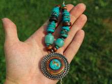 Load image into Gallery viewer, Vintage Tibetan Turquoise Yak Bone Necklace & Earrings Set on Leather Rope- Circle Pendant