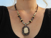 Load image into Gallery viewer, Vintage Yak Bone & Brass Beaded Necklace & Earrings Set on Leather Rope-Oval Pendant