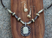 Load image into Gallery viewer, Vintage Yak Bone & Brass Beaded Necklace & Earrings Set on Leather Rope-Oval Pendant