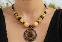 Load image into Gallery viewer, Vintage Light & Dark Yak Bone Necklace & Earrings Set on Leather Rope- Circle Pendant
