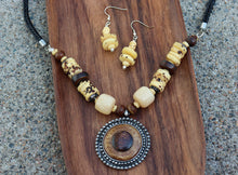 Load image into Gallery viewer, Vintage Light & Dark Yak Bone Necklace & Earrings Set on Leather Rope- Circle Pendant