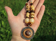 Load image into Gallery viewer, Vintage Light & Dark Yak Bone Necklace & Earrings Set on Leather Rope- Circle Pendant
