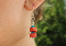 Load image into Gallery viewer, Vintage Tibetan Turquoise & Red Stone Necklace & Earrings Set on Leather Rope-Heart Pendant