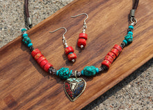 Load image into Gallery viewer, Vintage Tibetan Turquoise & Red Stone Necklace & Earrings Set on Leather Rope-Heart Pendant
