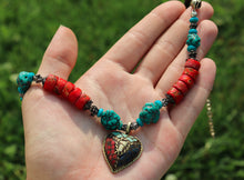 Load image into Gallery viewer, Vintage Tibetan Turquoise & Red Stone Necklace & Earrings Set on Leather Rope-Heart Pendant