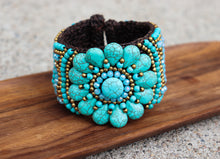 Load image into Gallery viewer, Turquoise Stone Flower Pattern Leather Bracelet
