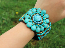 Load image into Gallery viewer, Turquoise Stone Flower Pattern Leather Bracelet
