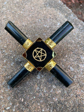 Load image into Gallery viewer, Jet Black Tourmaline 4 Point Gold Plated Pyramid Generator 5 Elements Engraved Air Water Earth Fire Star Crystal Point Gemstone