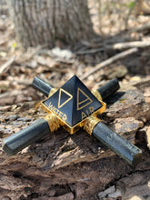 Load image into Gallery viewer, Jet Black Tourmaline 4 Point Gold Plated Pyramid Generator 5 Elements Engraved Air Water Earth Fire Star Crystal Point Gemstone