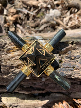 Load image into Gallery viewer, Jet Black Tourmaline 4 Point Gold Plated Pyramid Generator 5 Elements Engraved Air Water Earth Fire Star Crystal Point Gemstone