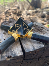Load image into Gallery viewer, Jet Black Tourmaline 4 Point Gold Plated Pyramid Generator 5 Elements Engraved Air Water Earth Fire Star Crystal Point Gemstone