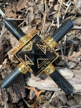 Load image into Gallery viewer, Jet Black Tourmaline 4 Point Gold Plated Pyramid Generator 5 Elements Engraved Air Water Earth Fire Star Crystal Point Gemstone