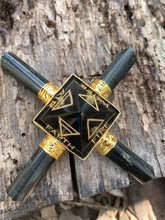 Load image into Gallery viewer, Jet Black Tourmaline 4 Point Gold Plated Pyramid Generator 5 Elements Engraved Air Water Earth Fire Star Crystal Point Gemstone