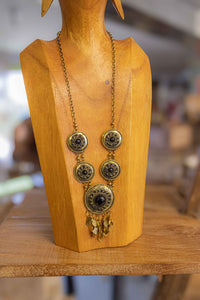 Vintage Solid Brass and Murano Glass Necklace with Earrings (Black Glass)
