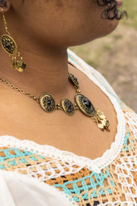 Vintage Solid Brass and Murano Glass Necklace with Earrings (Black Glass)