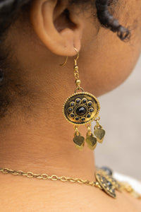Vintage Solid Brass and Murano Glass Necklace with Earrings (Black Glass)