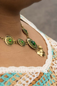 Vintage Solid Brass and Murano Glass Necklace with Earrings (Green Glass)