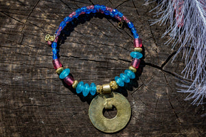 Murano & Brass Beaded Necklace-Blue Circle Pendant