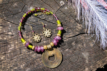 Load image into Gallery viewer, Murano &amp; Brass Beaded Necklace-Blue Circle Pendant
