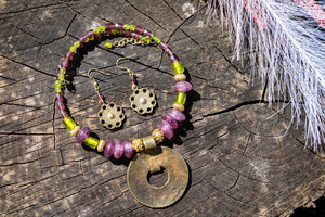 Murano & Brass Beaded Necklace-Blue Circle Pendant