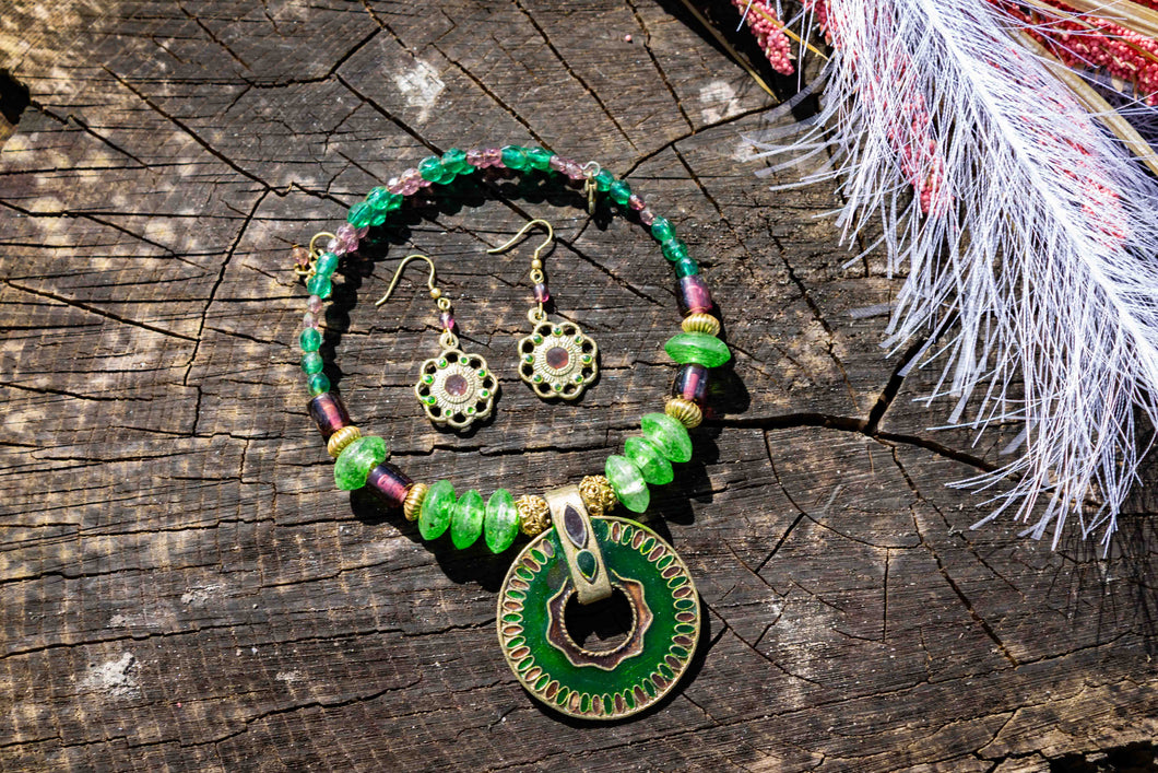 Murano & Brass Beaded Necklace-Blue Circle Pendant
