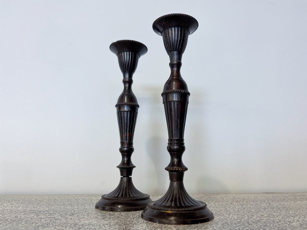 Antique Bronze Single-Branch Candle Holders-Ribbed Dark