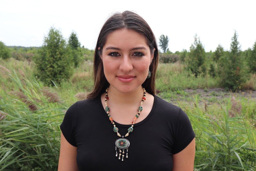 Vintage Mixed Material Necklace & Earrings Set- Green
