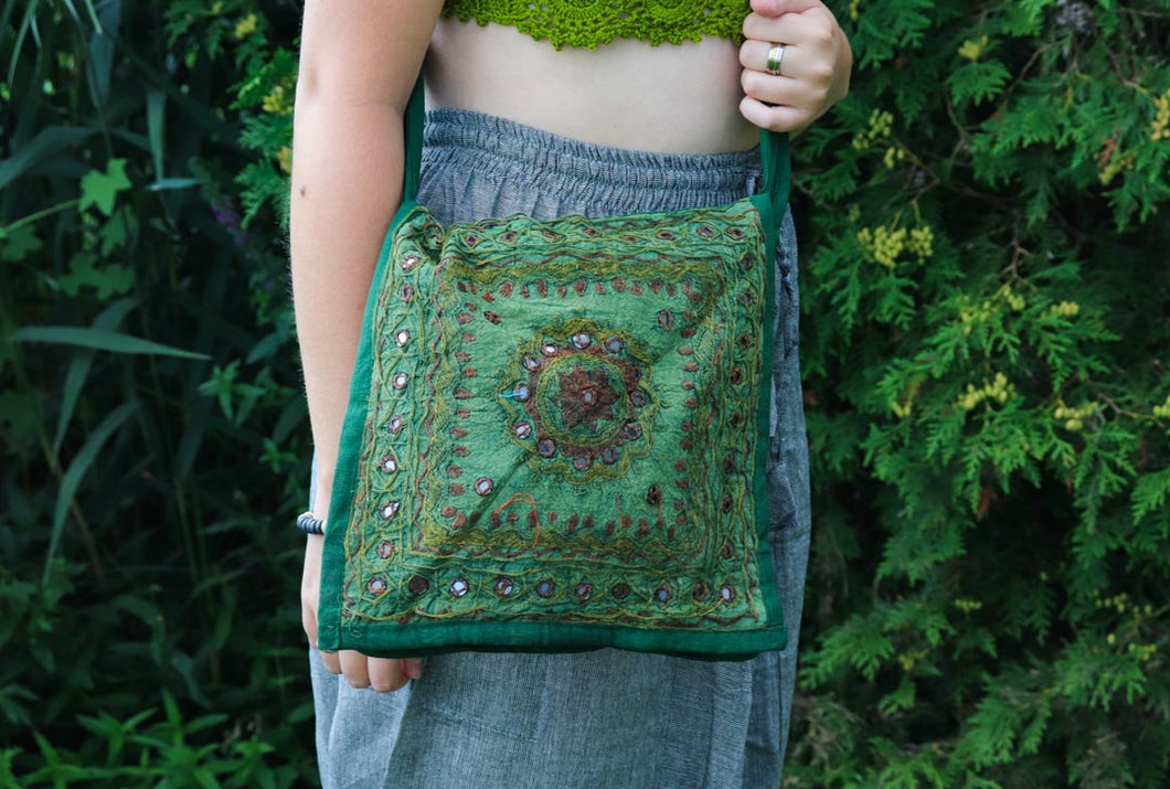 Organic Hemp Cotton Medium Crossbody Bag-Turquoise Mandala