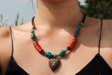 Load image into Gallery viewer, Vintage Tibetan Turquoise &amp; Red Stone Necklace &amp; Earrings Set on Leather Rope-Heart Pendant
