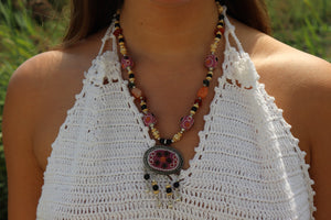 Vintage Mixed Material Necklace & Earrings Set- Pink