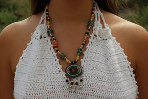 Vintage Mixed Material Necklace & Earrings Set- Green