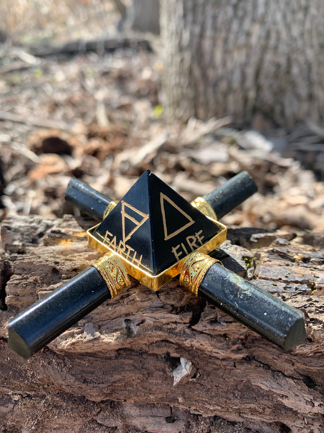Jet Black Tourmaline 4 Point Gold Plated Pyramid Generator 5 Elements Engraved Air Water Earth Fire Star Crystal Point Gemstone
