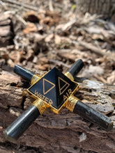 Charger l&#39;image dans la galerie, Jet Black Tourmaline 4 Point Gold Plated Pyramid Generator 5 Elements Engraved Air Water Earth Fire Star Crystal Point Gemstone
