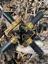 Charger l&#39;image dans la galerie, Jet Black Tourmaline 4 Point Gold Plated Pyramid Generator 5 Elements Engraved Air Water Earth Fire Star Crystal Point Gemstone
