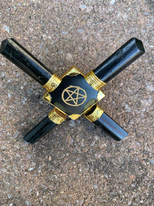 Jet Black Tourmaline 4 Point Gold Plated Pyramid Generator 5 Elements Engraved Air Water Earth Fire Star Crystal Point Gemstone